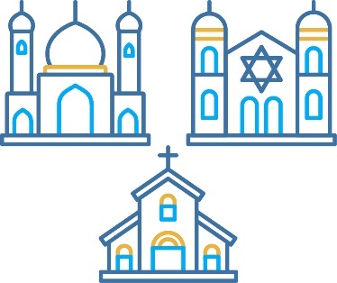 3 buildings representing different religions.
