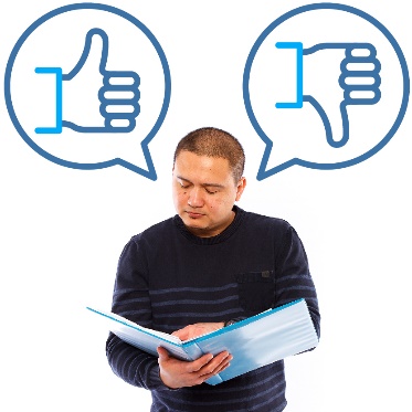 A man reading a folder and 2 speech bubbles, 1 showing a thumbs up and 1 showing a thumbs down.