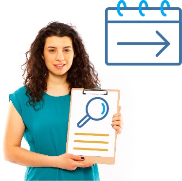 A woman holding a clipboard showing a research document, and a calendar with an arrow pointing to the future. 