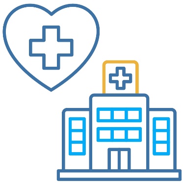 A hospital, and a health icon.