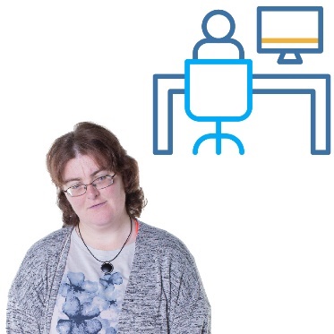 A woman looking sad, and a person at a desk with a computer.
