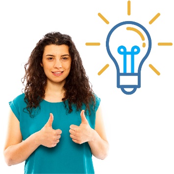 A woman with 2 thumbs up, and a lightbulb icon.