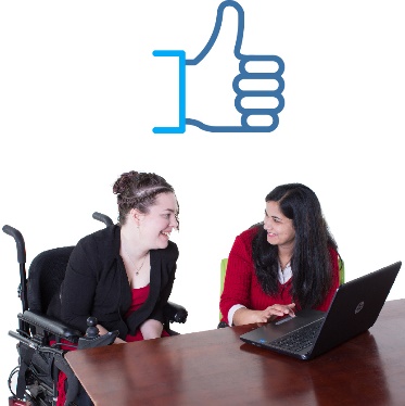 A woman with disability working with another woman. They are both laughing, with a thumbs up icon.