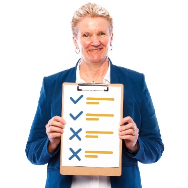 A smiling woman holding a clip board, showing a list of rules with ticks and crossed. 