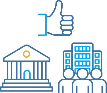 3 icons: a government building, an organisation building with 3 people in front of it, and a thumbs up above the buildings.
