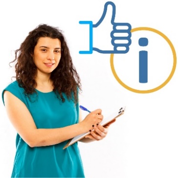 A woman with a clipboard, and an information icon with a thumbs up on it. 
