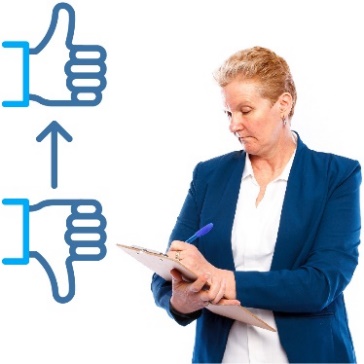 An arrow leading from a thumbs down to a thumbs up, and woman taking notes.