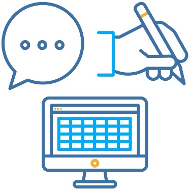 A speech bubble, a hand writing with a pen, and a computer screen showing a spreadsheet. 