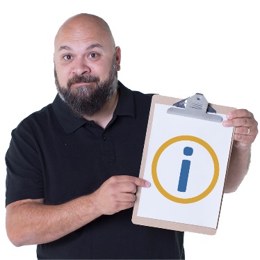 A man holding a clipboard showing an information icon. 